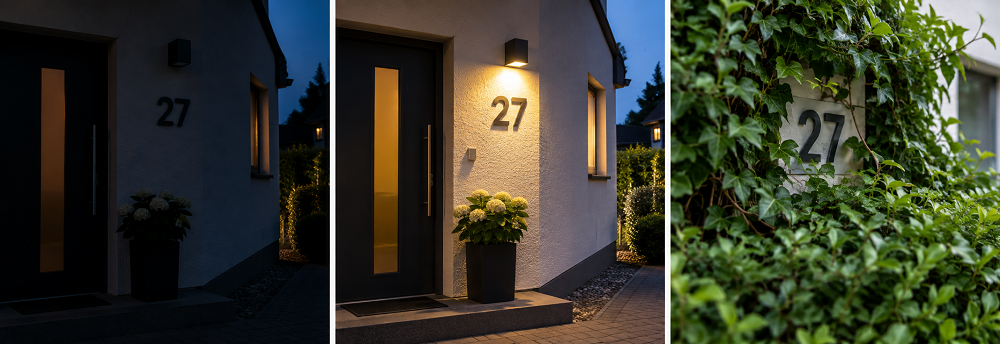 Hausnummer dunkel beleuchtet verdeckt